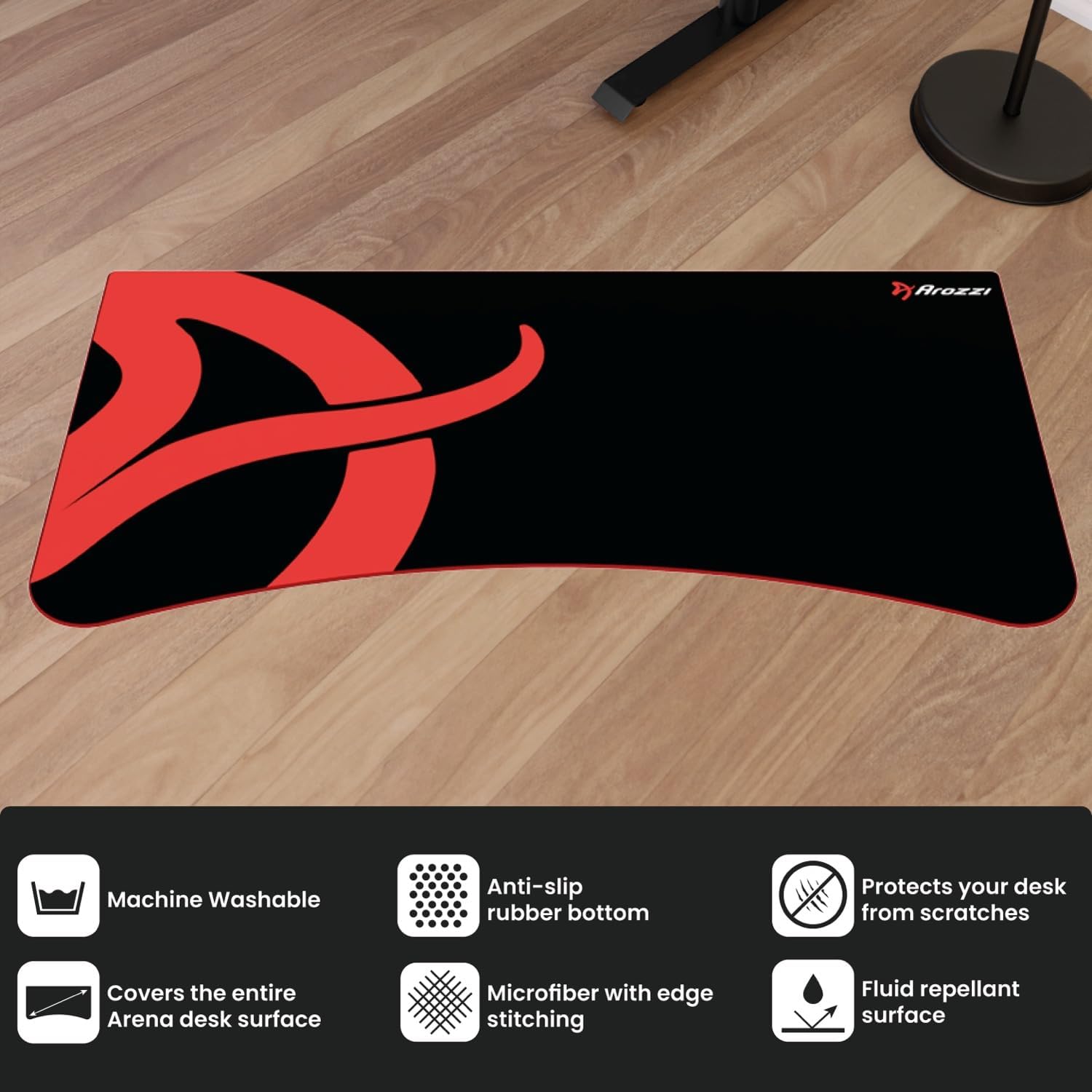 Arozzi Arena Gaming Desk Mat, Full Surface Custom DeskPad, Interchangeable, Water Resistant & Washable Computer Desk Mouse Pad with Stitched Edges (Black)
