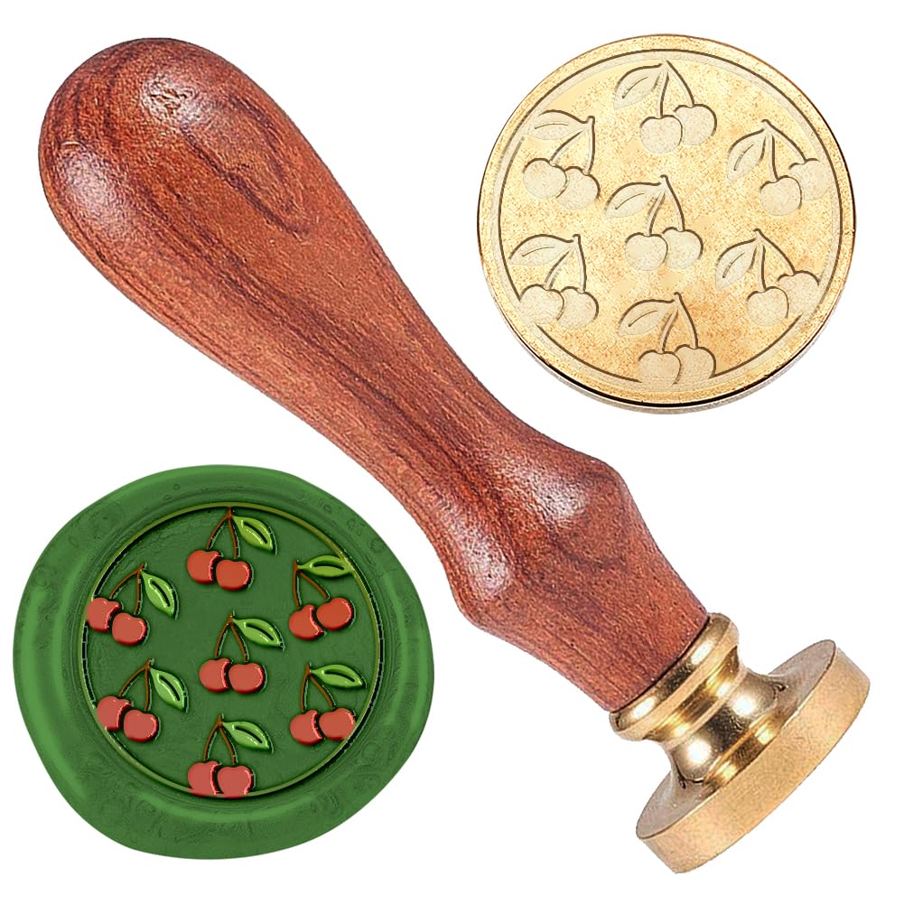 DELORIGIN Cherry Wax Seal Stamp Wedding Invitations Embossed Stamp Sealing Removable 1" Brass Wax Seal Stamp Head with Wooden Handle Envelopes Gift Packing Decoration Craft Adhesive Waxing