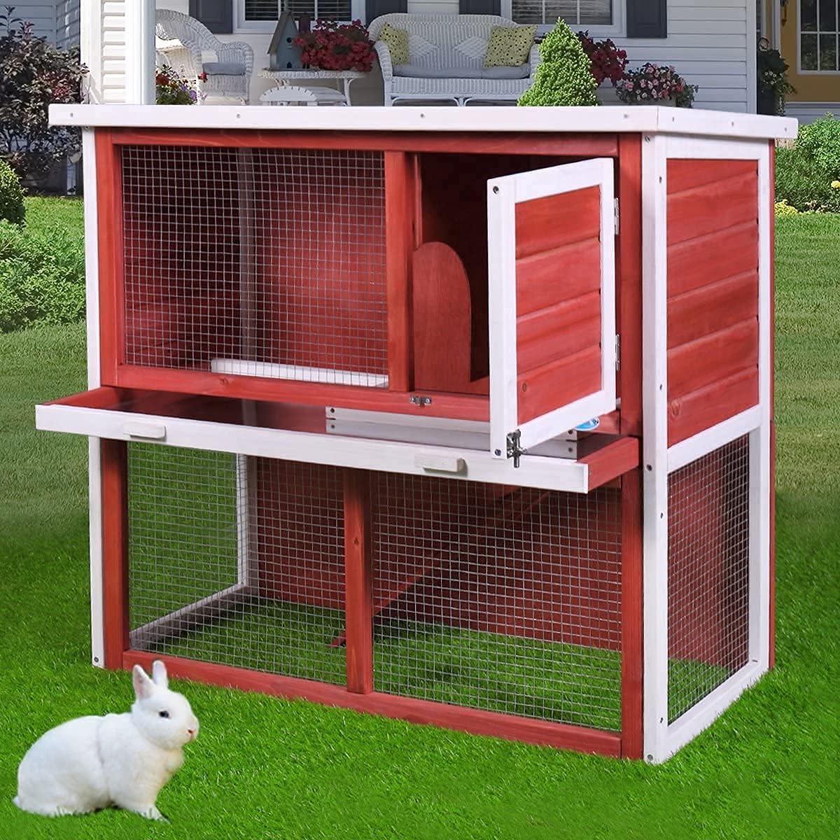 Rabbit Cage, Bunny Rabbit Hutch Indoor Outdoor Chicken Coop Guinea Pig Cage Pet House with Waterproof Roof and Pull Out Tray(Red)
