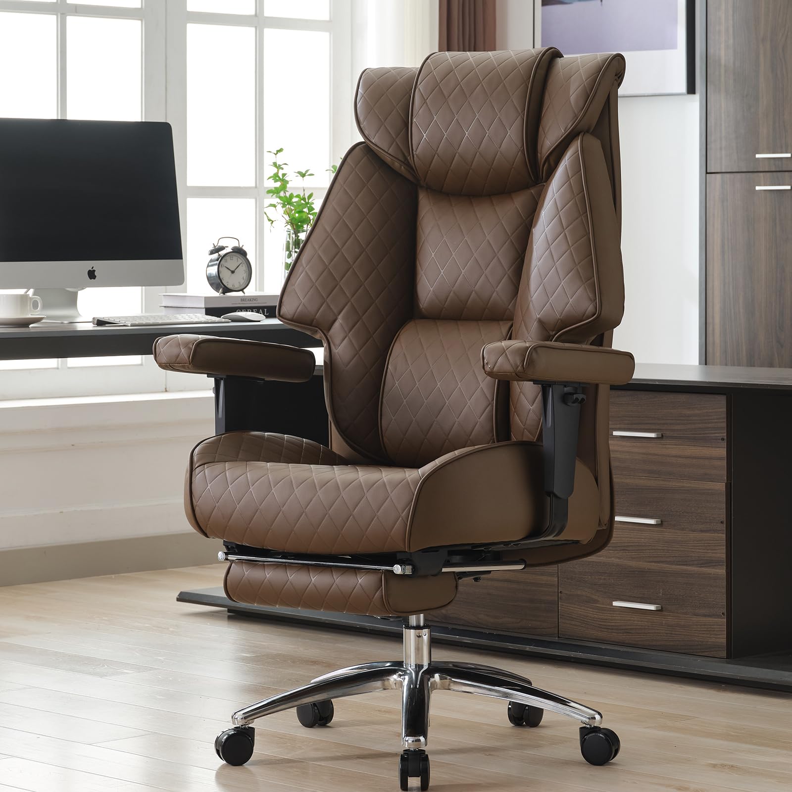 big and tall office chair with footrest, pu leather high back executive office chair 400lbs, ergonomic computer chairs lumbar support for heavy people (brown)