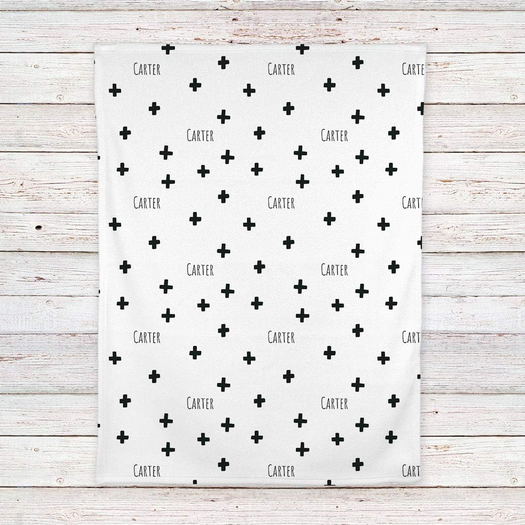 Personalized Modern Black and White Cross Print Baby Blanket