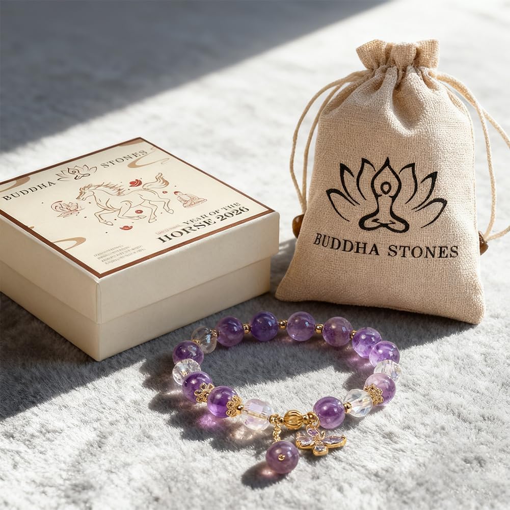 Amethyst & Butterfly Charm Elastic Bracelet for Women, Handmade Stretch Anxiety Amethyst Crystal Beaded Bracelet, Natural Gemstone Bracelet Jewelry Gift For Women, Includes Gift Box -8MM - Image 4