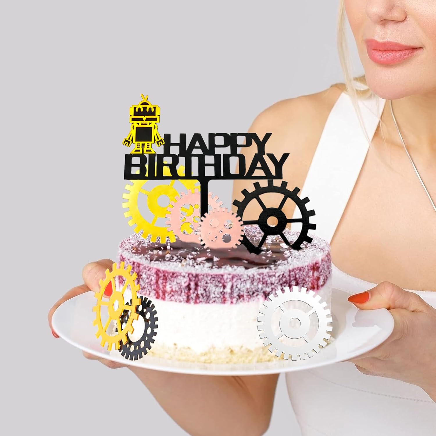 8 Pieces Robot Happy Birthday Cake Topper Gears Acrylic Cake Decoration Set Suitable for Robot Themed Party Supplies, Boys and Girls Birthday Party Supplies -Gold