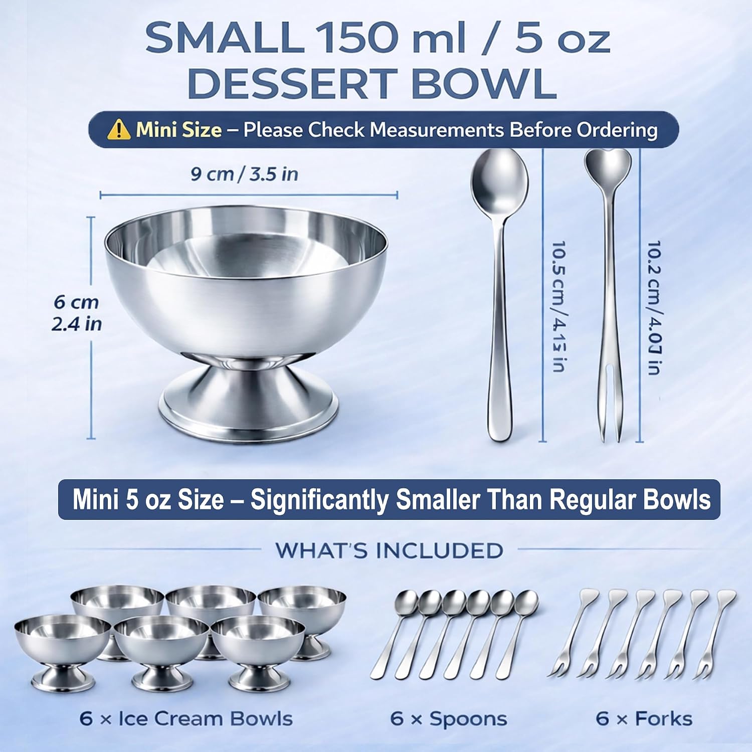 6 Pieces Ice Cream Bowls, Stainless Steel Footed Silver Snack Bowls