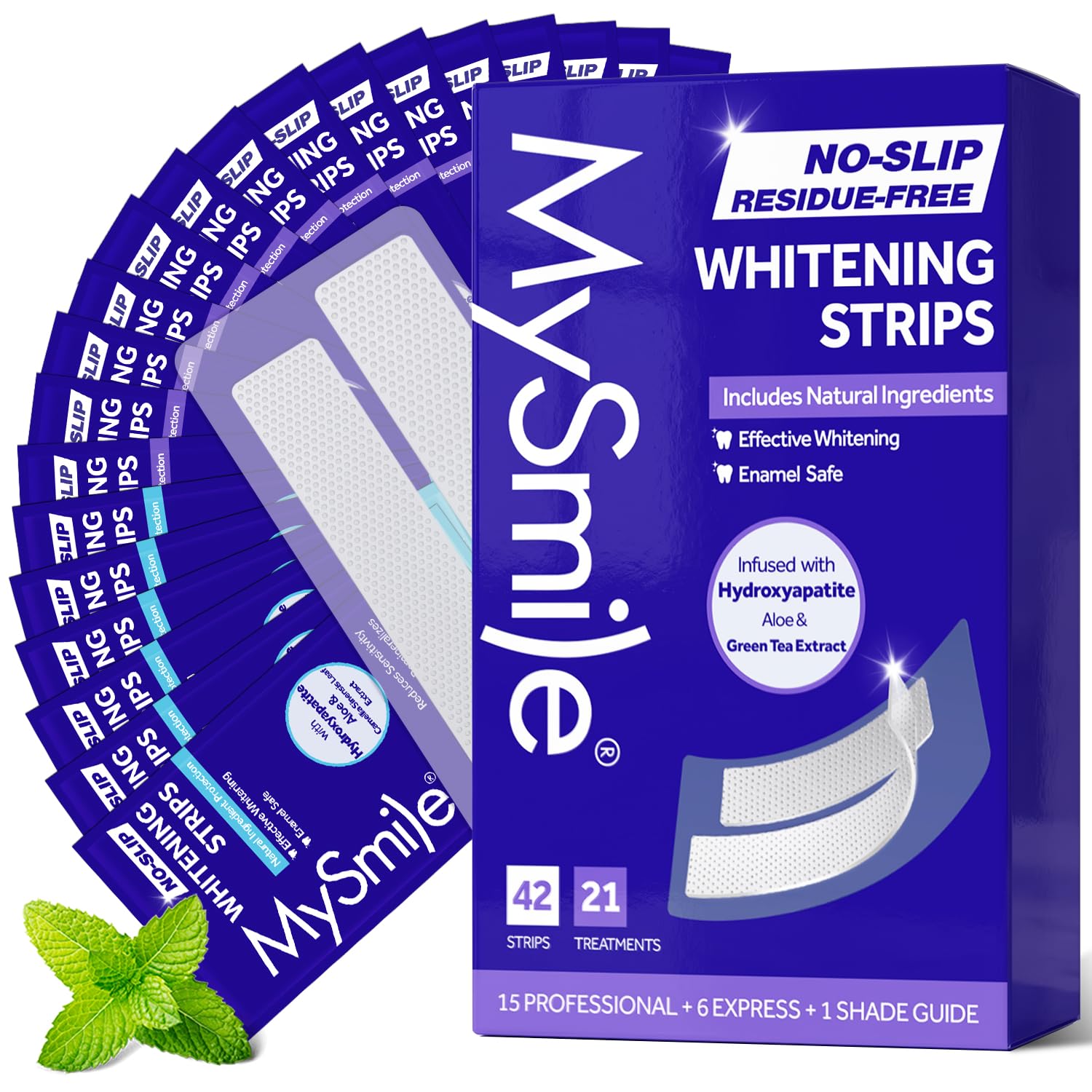 MySmile Teeth Whitening Strips 21 Treatments, Hydroxyapatite-Infused White Strips for Sensitive Teeth, Teeth Whitener with Enamel-Safe Formula, Non-Slip, Residue-Free Whitening Kit, Mint