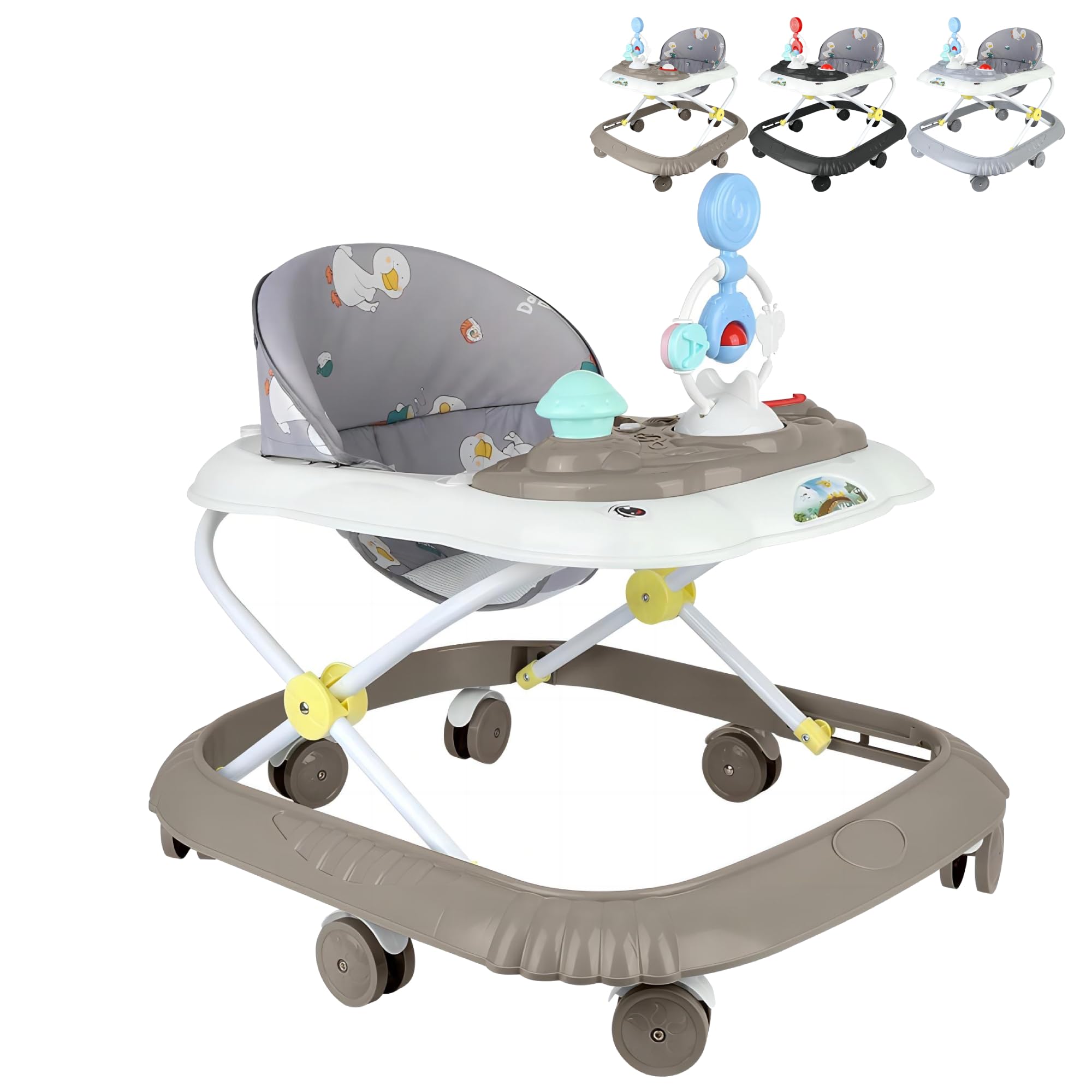 Girello per bambini con stazione di gioco, carrello di risveglio a piedi girello, regolabile in altezza, comodo sedile, per 6-36 mesi, ragazzi e ragazze (Khaki VII)
