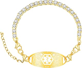 Medical Alert Bracelet - Personalized ID Jewelry with CZ Design, Engraved Medical Symbol Bracelet for Women YA6004