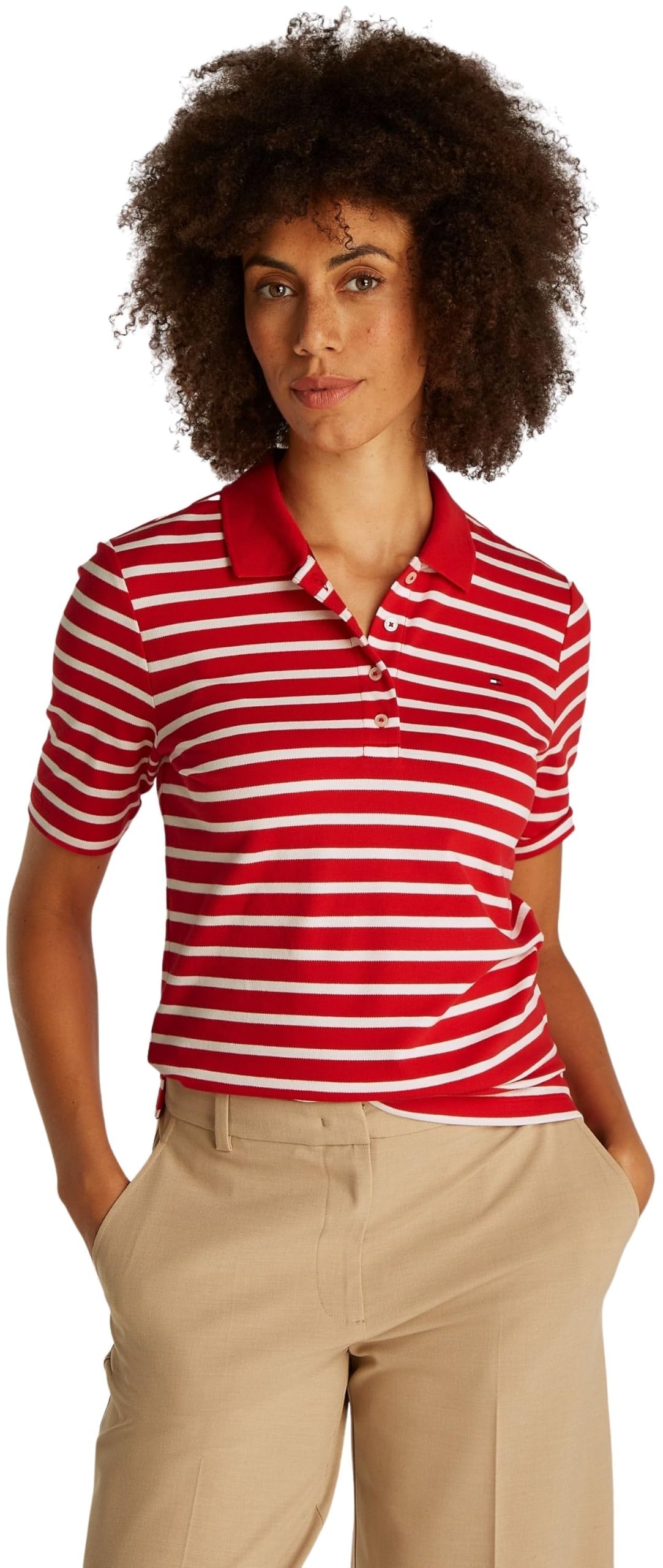 Tommy Hilfiger Damen Poloshirt Kurzarm Regular Fit, Mehrfarbig (Primary Red/Ecru STP), XS