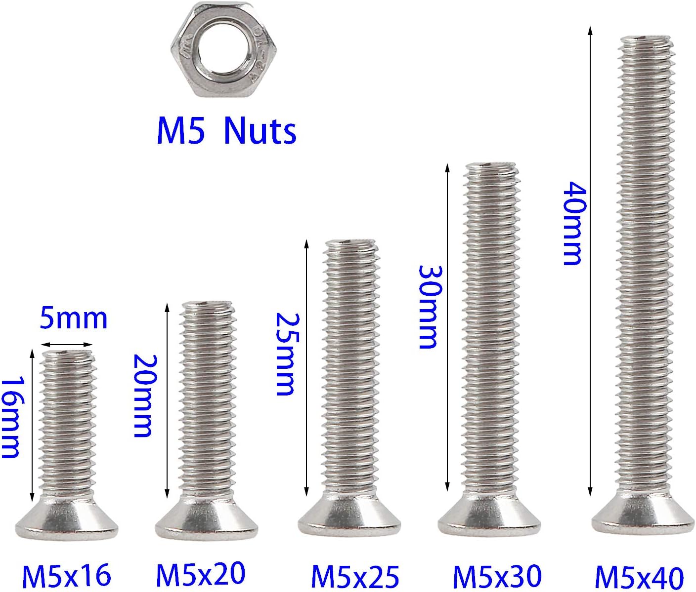 Rshuhx 150PCS M5 Cross Countersunk 304 Stainless Steel Machine Screws Bolts and Nuts Flat Head Phillips Screw Fastener Repair Tools Assortment Kit for Baby Crib Headboards Chairs Furniture - Image 3