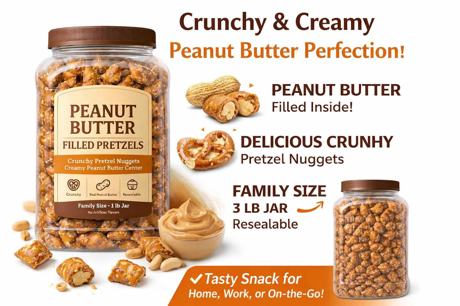 Peanut Butter Filled Pretzel Nuggets, Crunchy Snacks with Creamy Center, Resealable Family Size Jar, Bulk Sweet & Salty for Parties, Office & Home, 55 Oz