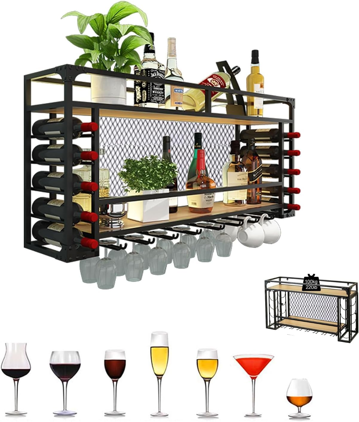 LED Light Modern Metal Wine Rack with Stemware Hanger Wall Mounted Drink Display Holder for KBar Stylish & Functional Storage 30x30x50cm