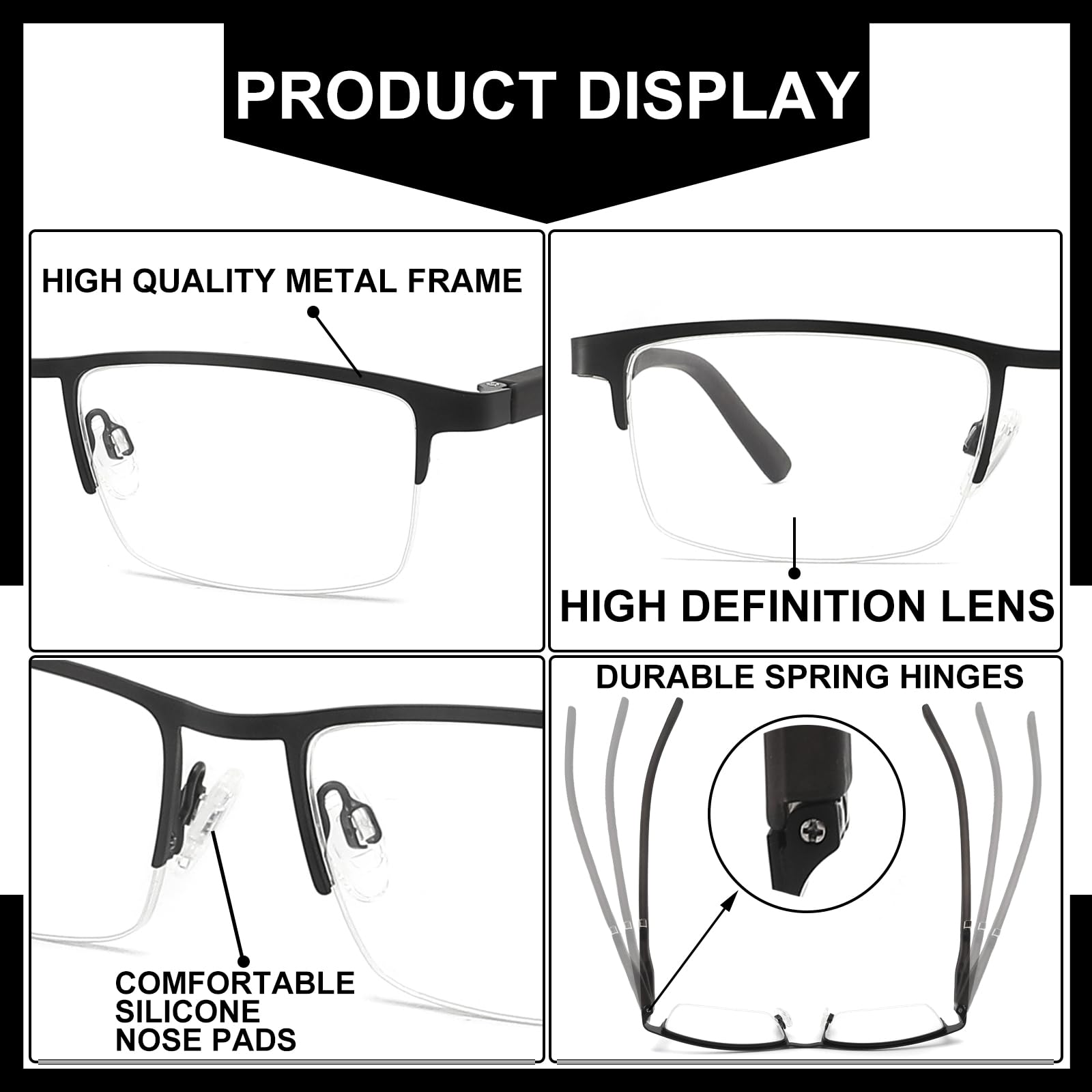 Lesebrille mit Blaulichtfilter, 5er-Pack, halber Metallrahmen mit Federscharnieren (1,0 Vergrößerung)