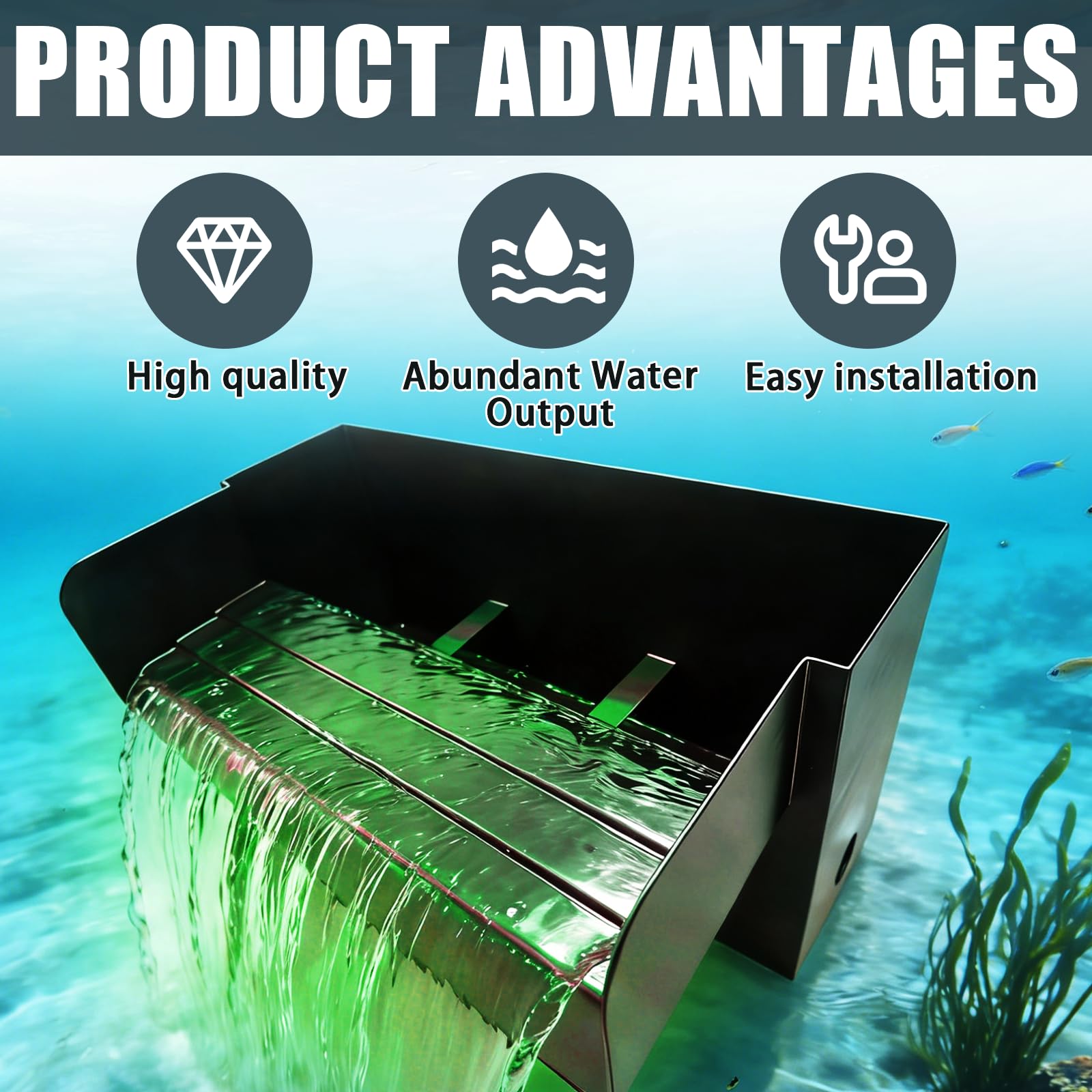 Teich Wasserfall für Gartenteich, 30CM Edelstahl Teichwasserfall Set mit LED Licht Garten Teich Brunnen 45W 3000 L/H mit Wasserfall Deko Garten Teich Wasserspiel Patio Terrasse Außenteich