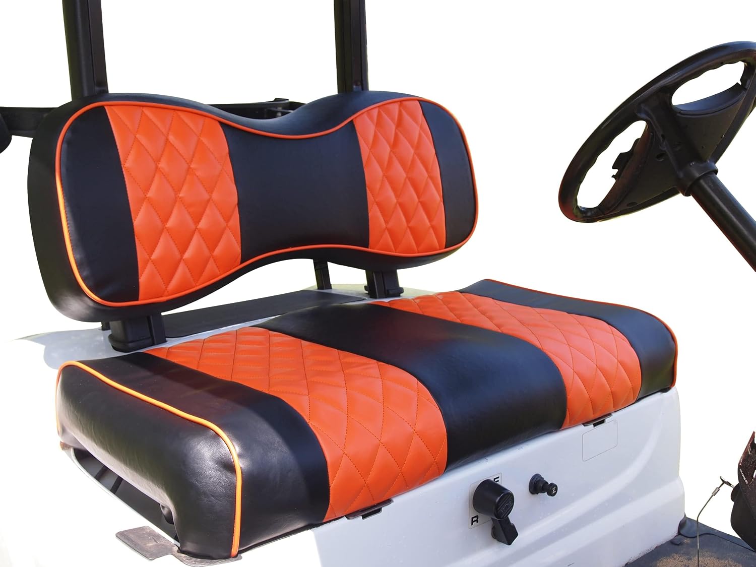 Huskey 2PCS Golf Cart Front Seat Cover for Club Car Precedent 2004+ G&E Models Custom Two Tone Black/Orange Diamond Stitching with Orange Piping,Marine Grade Vinyl Material,Staple On Design