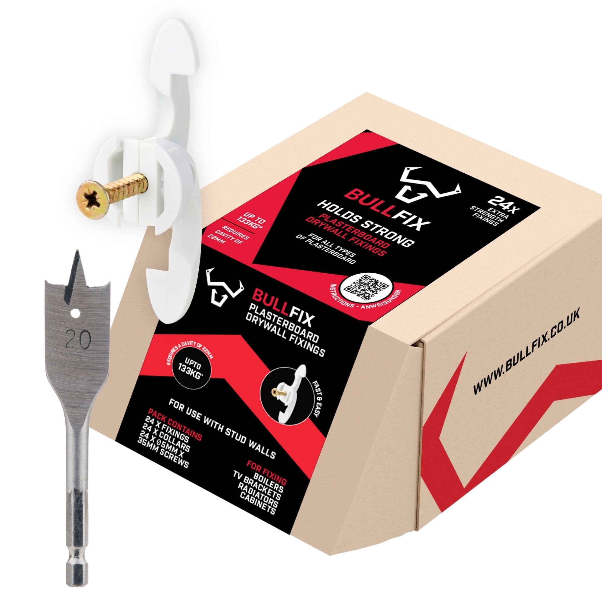 Extra Plasterboard Fixings Heavy Duty Pack - Drywall Anchor for Insulated Plasterboard, Stud & Hollow Cavity Wall Anchor Kit with Screws, Holds up to 133kg - 24 Pack