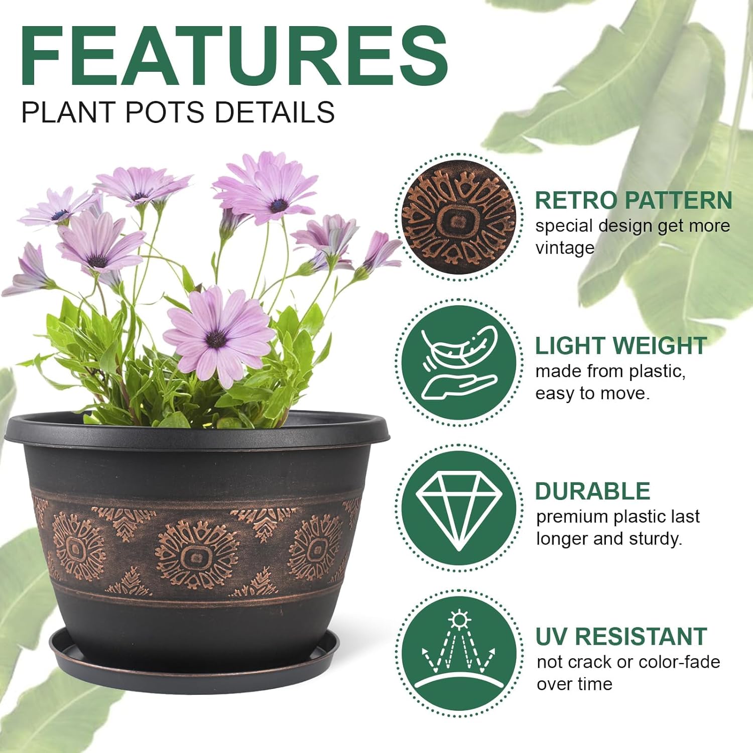 Usocik 4 Pack 10 Inch and 4 Pack 12 Inch Retro Plant Pots with Drainage Holes and Saucer for Indoor Outdoor Plants.