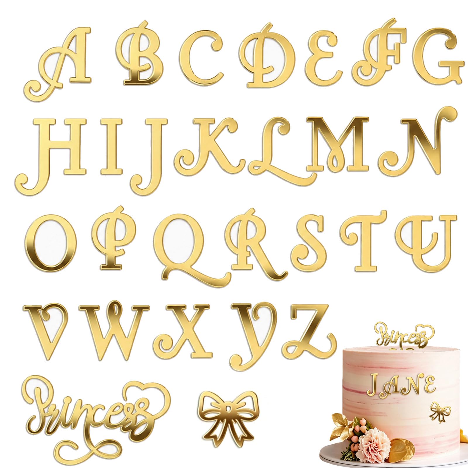 Floruvia 28 Piece Gold Acrylic Cake Topper Letters Set, A-Z Alphabet Cake Topper with Princess Motifs, for Birthday Baby Shower Singles Party