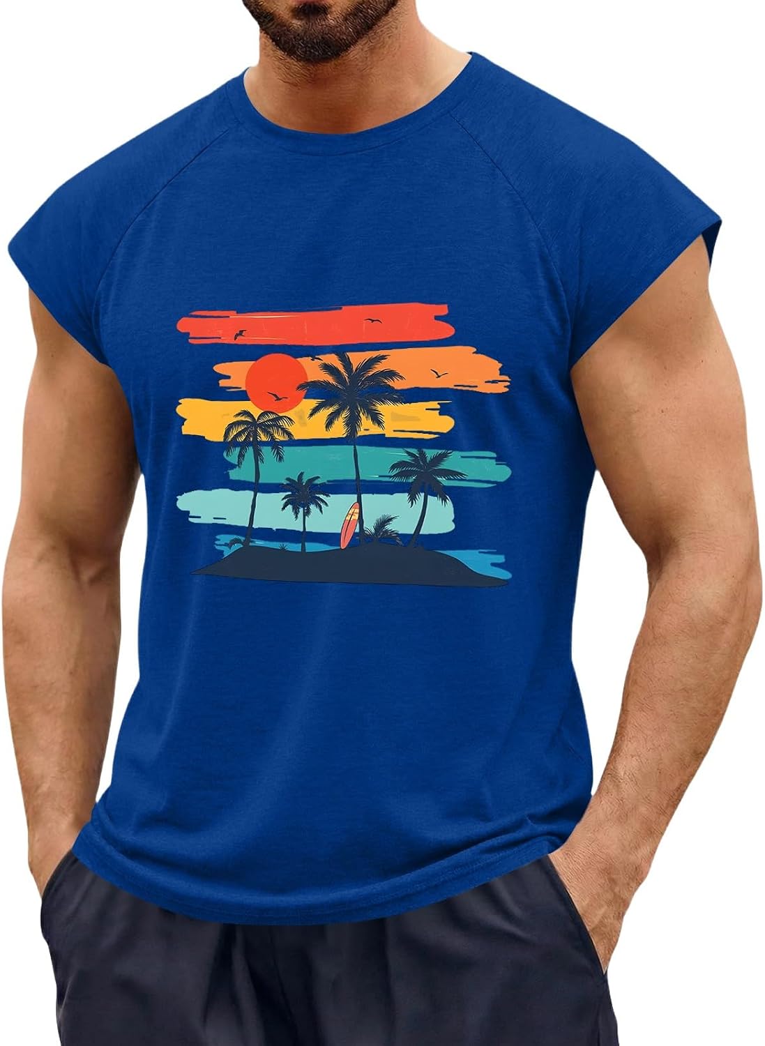 Mens Graphic Tank Tops Hawaiian Sun Coconut Tree Tee Casual Crew Neck Beach Top Summer Vacation Sleeveless Shirts Men