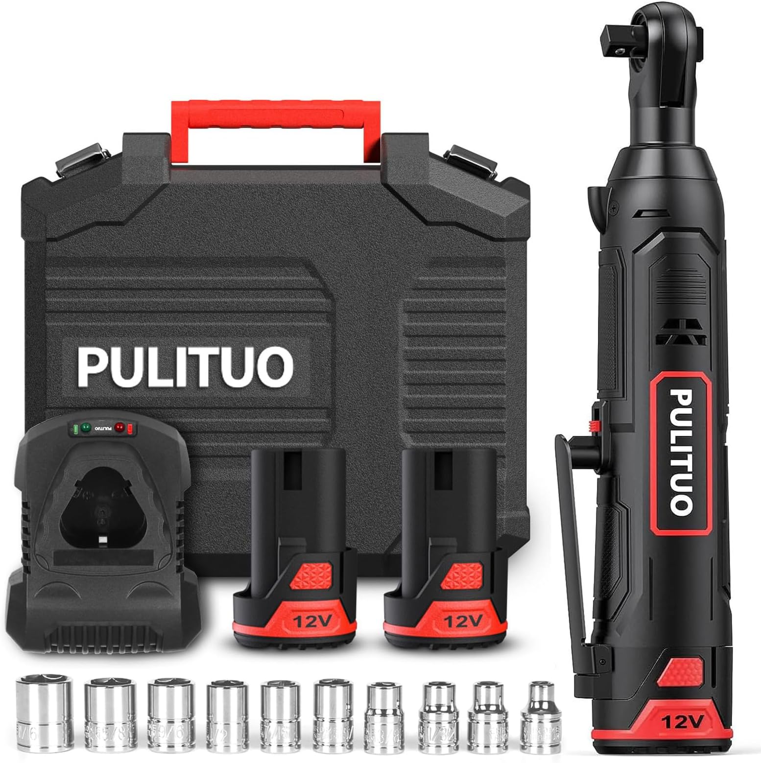PULITUO 12V Electric Ratchet Wrench Kit 3/8",Cordless Ratchet Wrench 50N.m, 0-300 RPM with 2 x 2.0Ah Lithium-Ion Batteries and 60-MiSockets,Variable Speedn Fast Charge, Power Ratchet,10 sockets