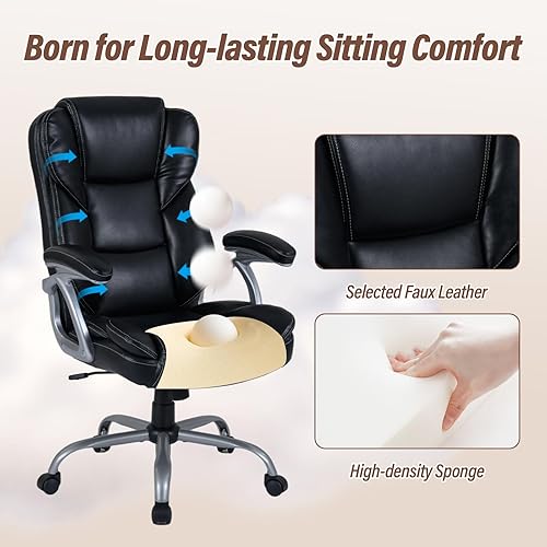 Miniatura 6 de Giantex Silla de oficina ejecutiva, silla ergonómica de cuero para computadora con función de balanceo, asiento y brazos acolchados, sillas de