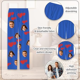 Custom Pajama Pants Personalised Pyjamas Pants with Photo Face for Women Men Family Custom Funny Pjs Bottoms Matching Pjs for Couples Pet Face Pjs Pants