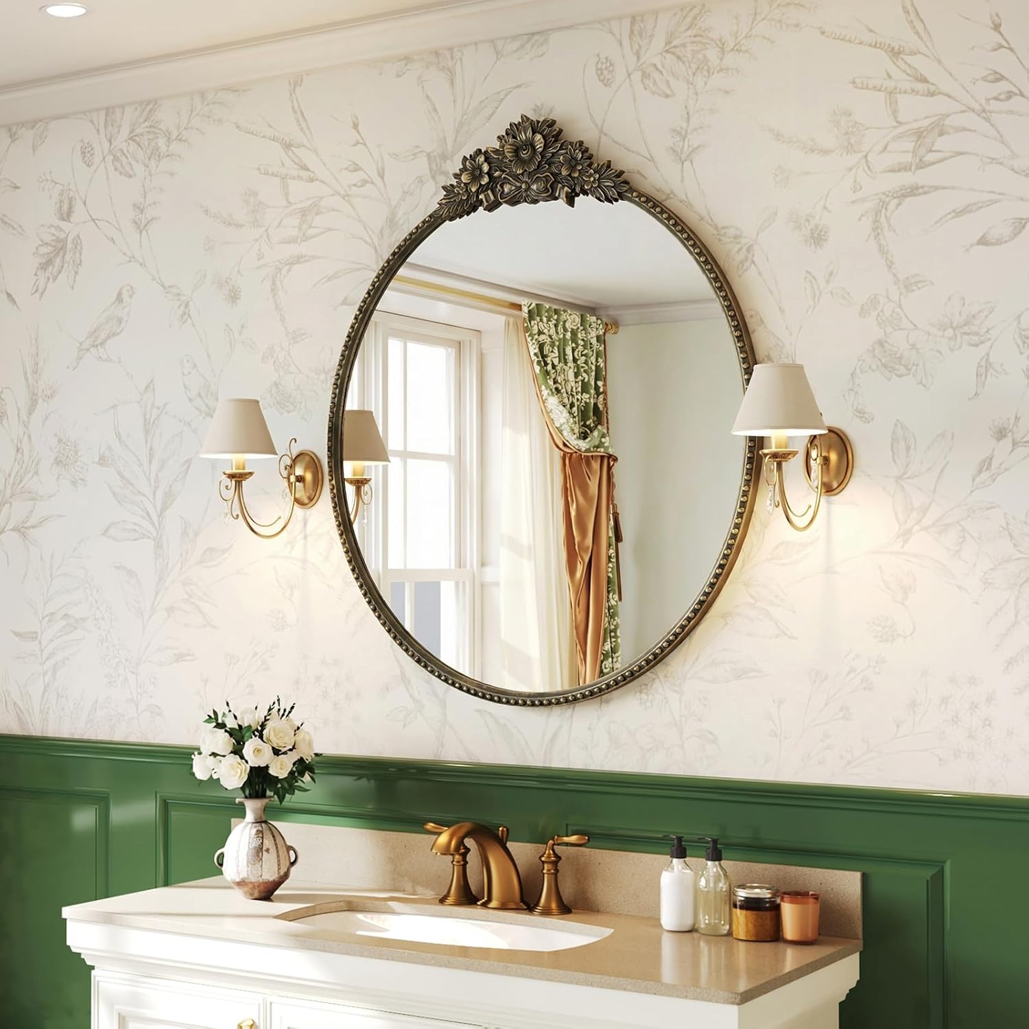 Round Wall Mirror - 24"x26" Antique Black Rococo Decoration Circle Mirror with Beaded Metal Frame - Vintage Ornate Wall Decor for Bathroom, Fireplace, Living Room, Hallway, Bedroom