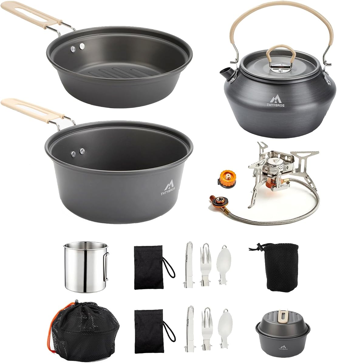 THTYBROS Juego de cocina de camping de 27 piezas para 2-4 personas, juego de utensilios de cocina portátil con hervidor, ollas y sartenes, utensilios de acero inoxidable, platos, vajilla para mochileros, picnic, aventuras al aire libre