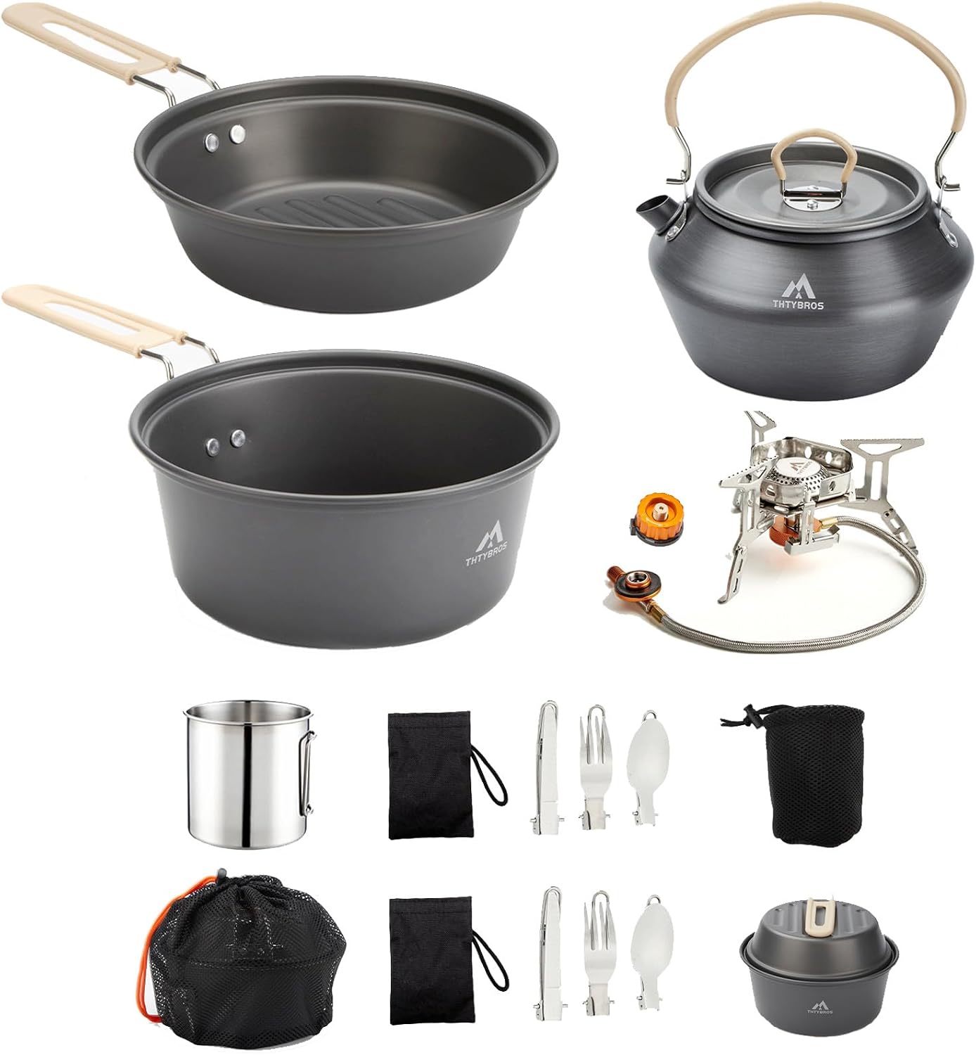 15pcs Camping Cookware Kit,Camping Cookware Mess Kit with 3500W Stove,Pot,Pan,Kettle Set with Stainless Steel Cup,Forks Knives Spoons for Hiking,Camping,Outdoor Cooking and Picnic