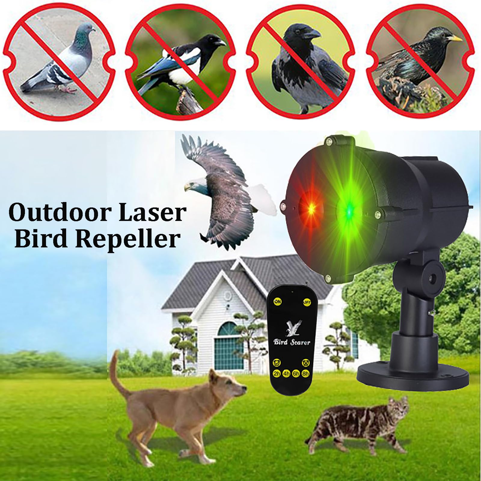 Ahuyentador de Pájaros Láser Exterior con Temporizador y Control Remoto, Dispositivo Automático para Palomas, Gorriones, Estorninos, Jardín y Granja