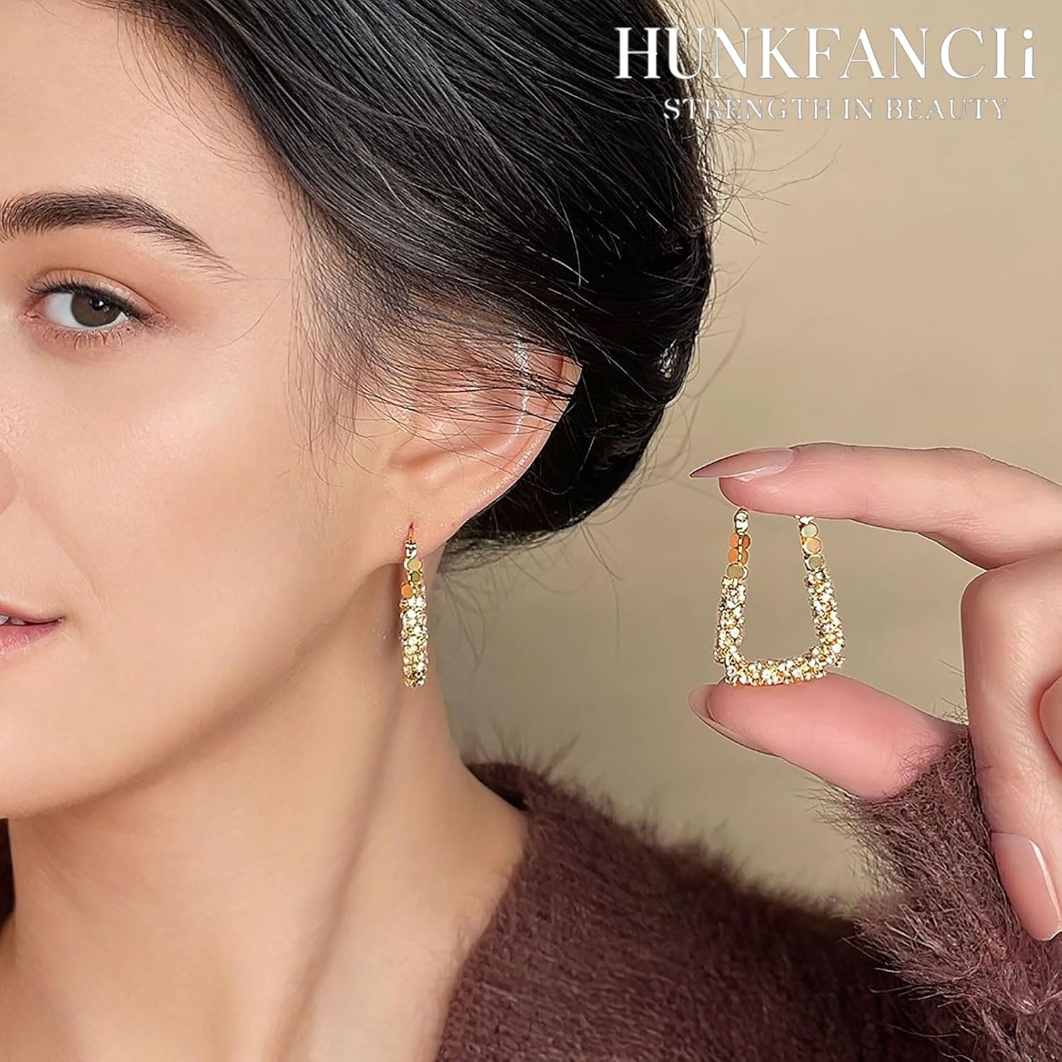 HunkFancii Crystal Rhinestone Hoop Earrings, Gold-Plated, Half-Beaded Design - Image 4