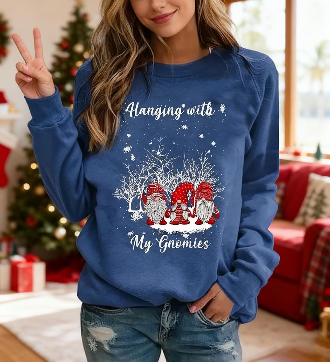 LLHXRUI Hanging With My Gnomies Sweatshirts Women Christmas Long Sleeve Pullover Shirts Funny Garden Gnome Graphic Tees Tops