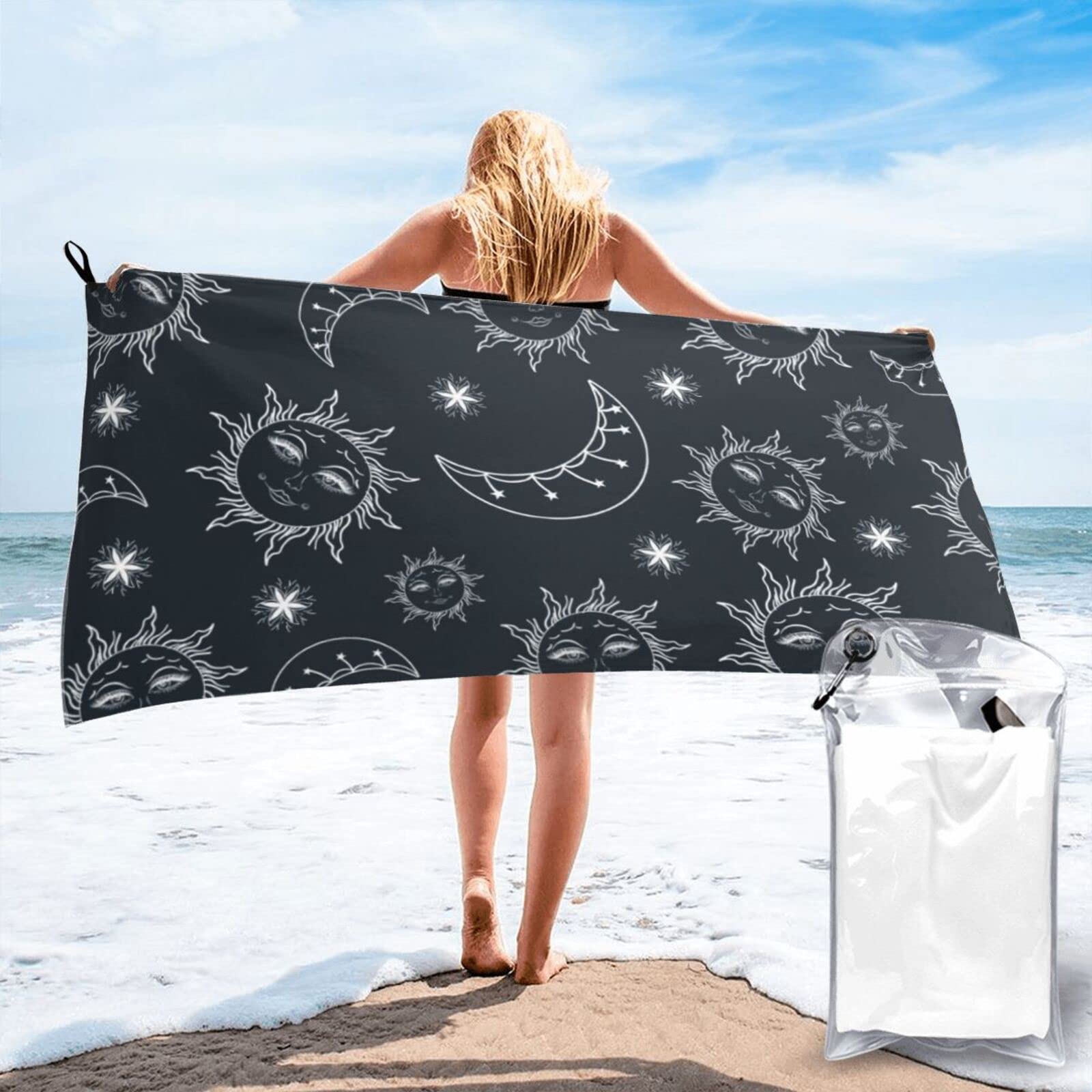 Lawenp Moon and Sun Microfiber Beach Towel Adults Large Quick Drying Bath Towel Travel Towels with Pouch 27.5"x55"
