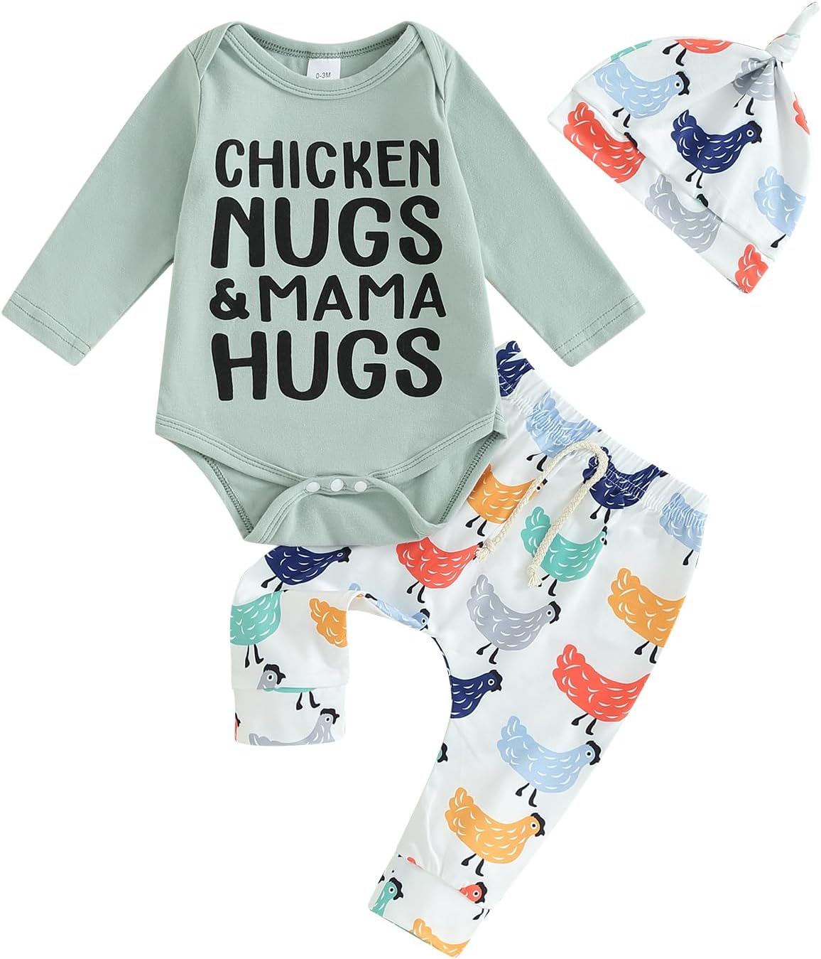Baby Girl Boy Farm Fall Clothes Chicken Nugs and Mama Hugs Romper Pants Set Hat 3Pcs Coming Home Outfit
