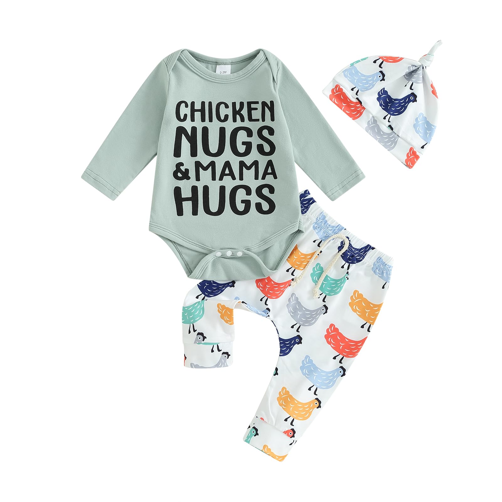 Baby Girl Boy Farm Fall Clothes Chicken Nugs and Mama Hugs Romper Pants Set Hat 3Pcs Coming Home Outfit