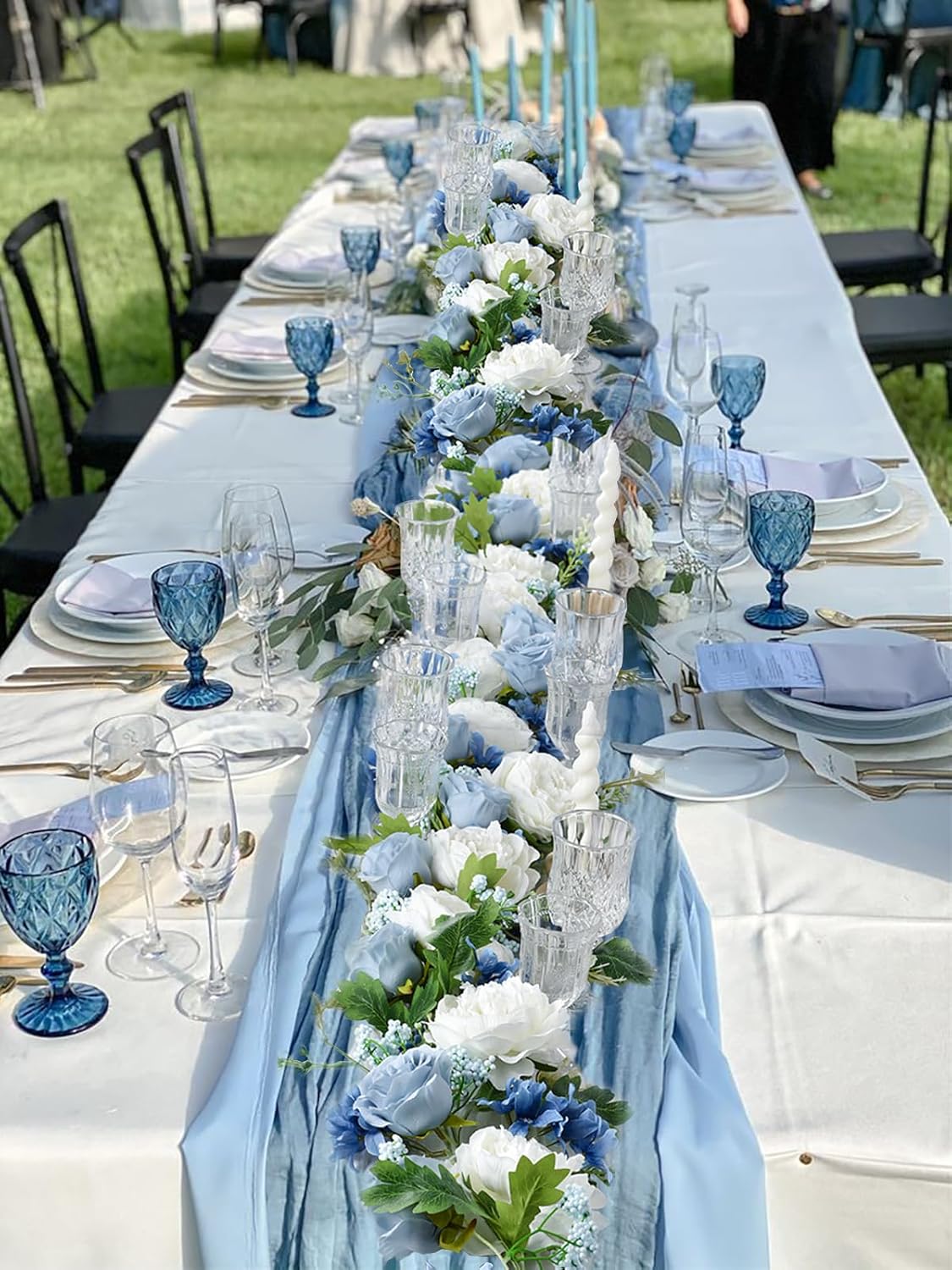 2 Pack Artificial Peony Flower Garland - 6ft Silk Peony Garland Flower Vine Blue and White Peony Silk Roses Flowers for Wedding Arch Party Table Decor (2, Blue)