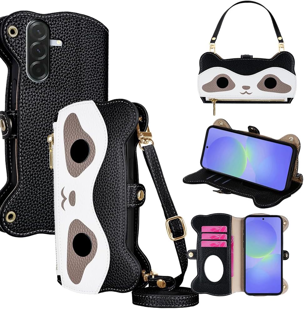 Raccoon Wallet Case for Samsung Galaxy A36 5G, Cute Crossbody PU Leather Flip Cover for Women with Card Slots, Zipper Purse, Mirror, Strap & Kickstand – Black