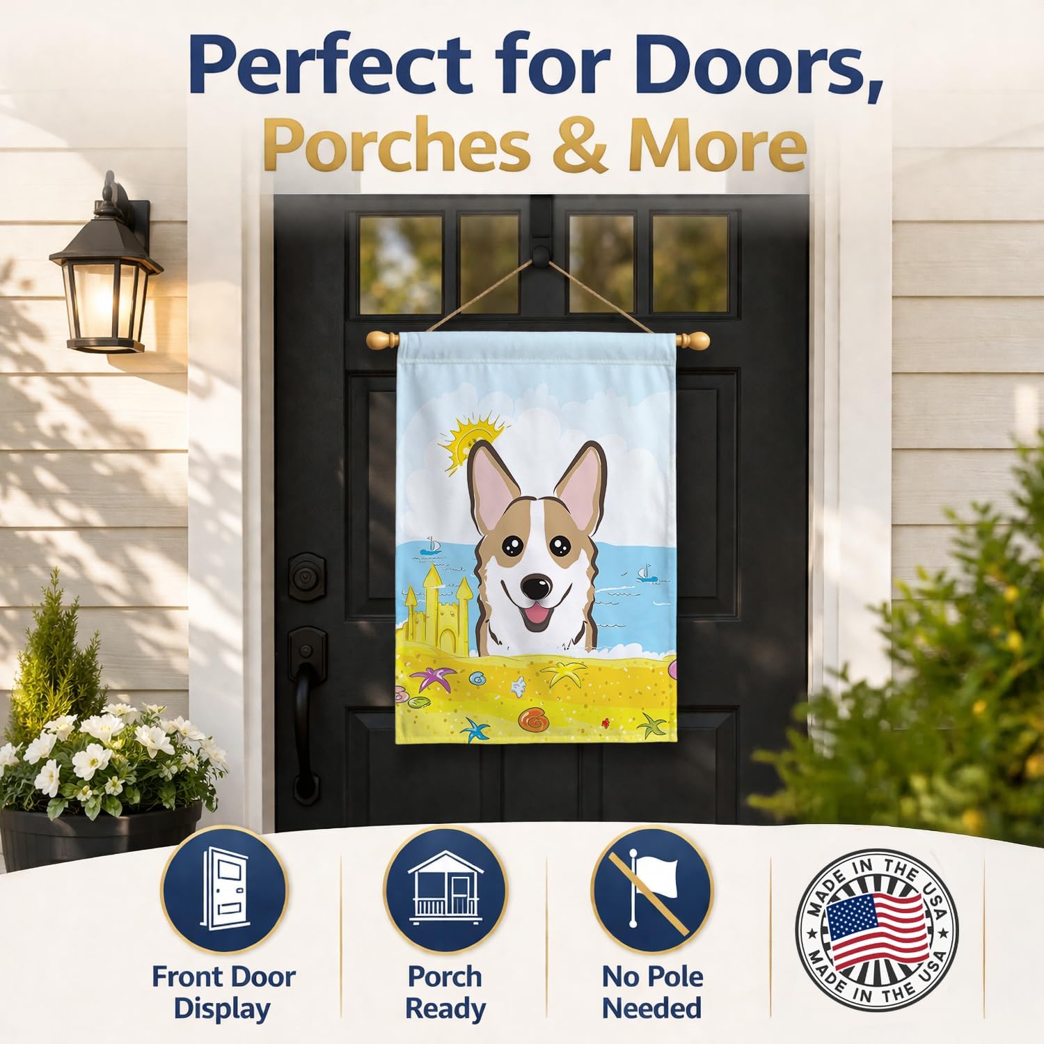 Caroline's Treasures BB2121CHF Sable Corgi Summer Beach House Flag Large Porch Sleeve Pole Decorative Outside Yard Banner Artwork Wall Hanging, Polyester, House Size, Multicolor
