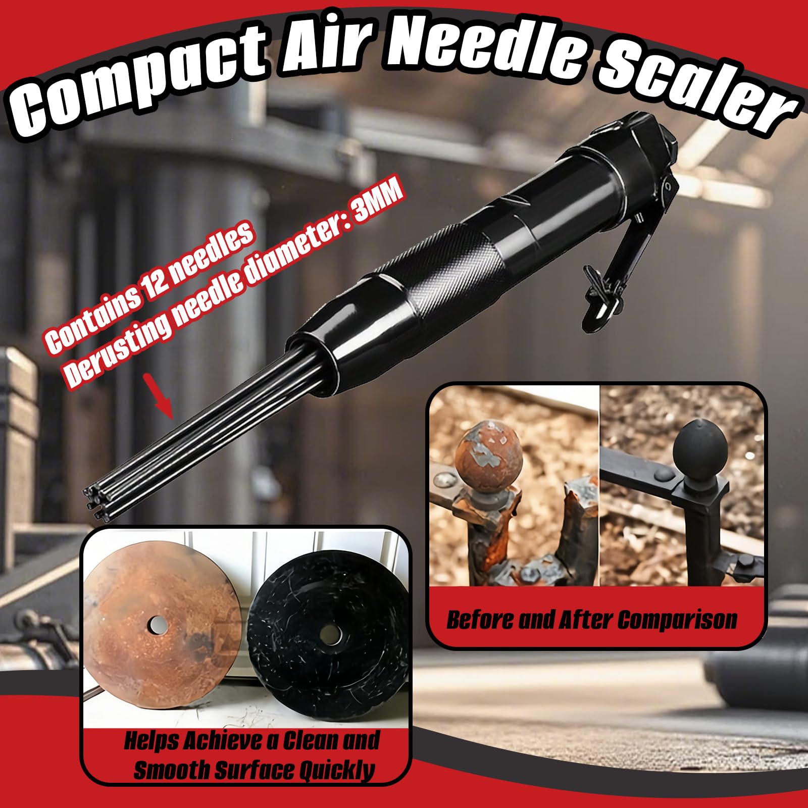 Raspador De Agujas, 4000 Rpm Raspador De Agujas NeumáTico Con 12 Aguja De Acero (3 Mm) Para Eliminar óXido Pintura Escoria De Soldadura Y Suciedad De Superficies MetáLicas