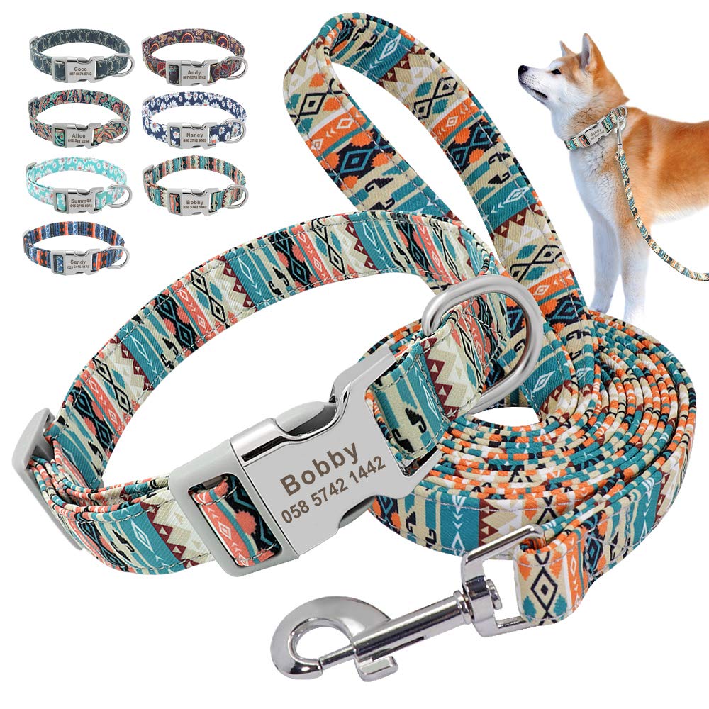 Beirui Juego de collar y correa de nailon personalizado para perro, collares suaves de estilo étnico para perros pequeños, medianos y grandes con hebilla ligera, L, verde bohemio