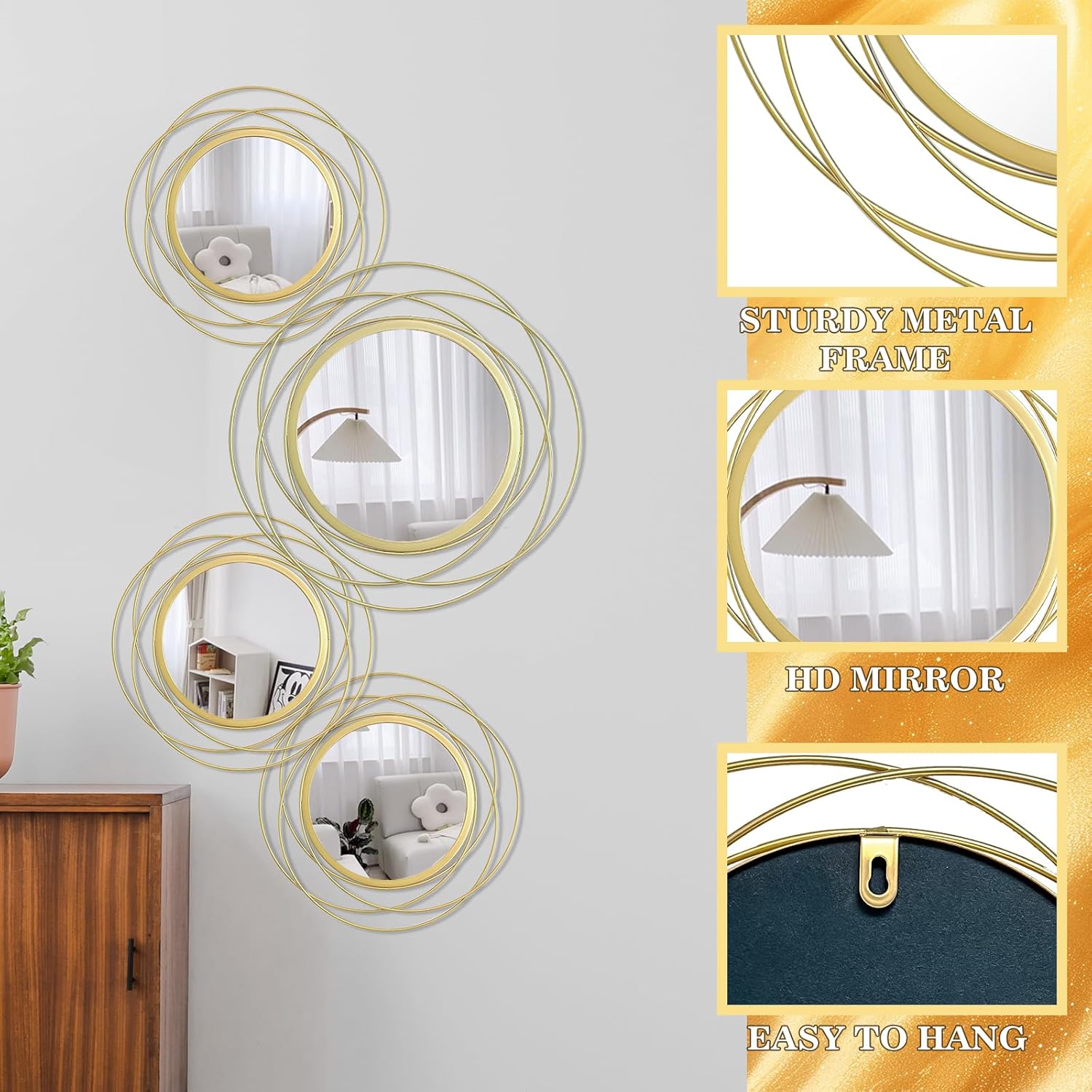 Cityelf 4 Set Mixed Size Gold Circle Mirrors Wall Decor Iron Frame Wall Art Round Mirror Home Decor Hanging for Living Room/Bedroom/Bathroom/Entryway