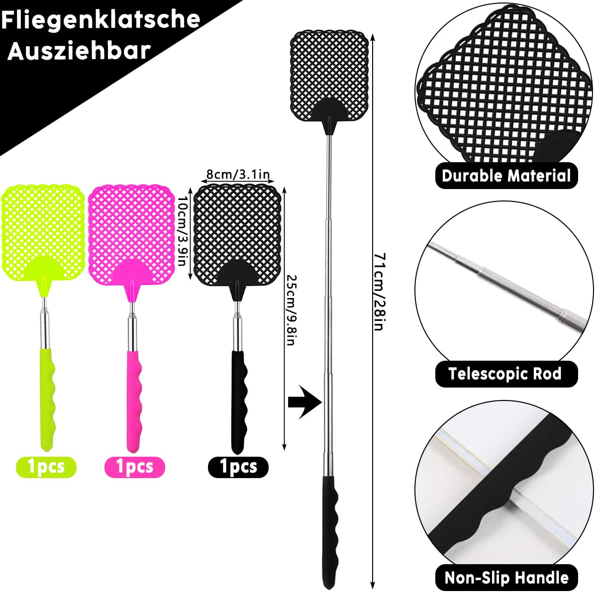 Lot De 3 Tapettes à Mouches Télescopiques - Longueur Réglable De 26,5 Cm à 73 Cm - En Plastique Et Acier