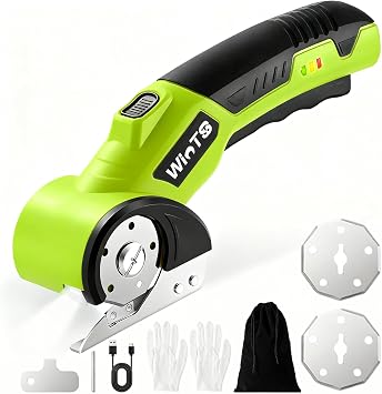 WINTS Cordless Electric Scissors,High-Capacity 2000mah Battery 4V Cardboard Cutter with Safety Lock & LED Light, Rechargeable Rotary Cutter for Box Carpet Plastic Fabric With 2 Blades Green