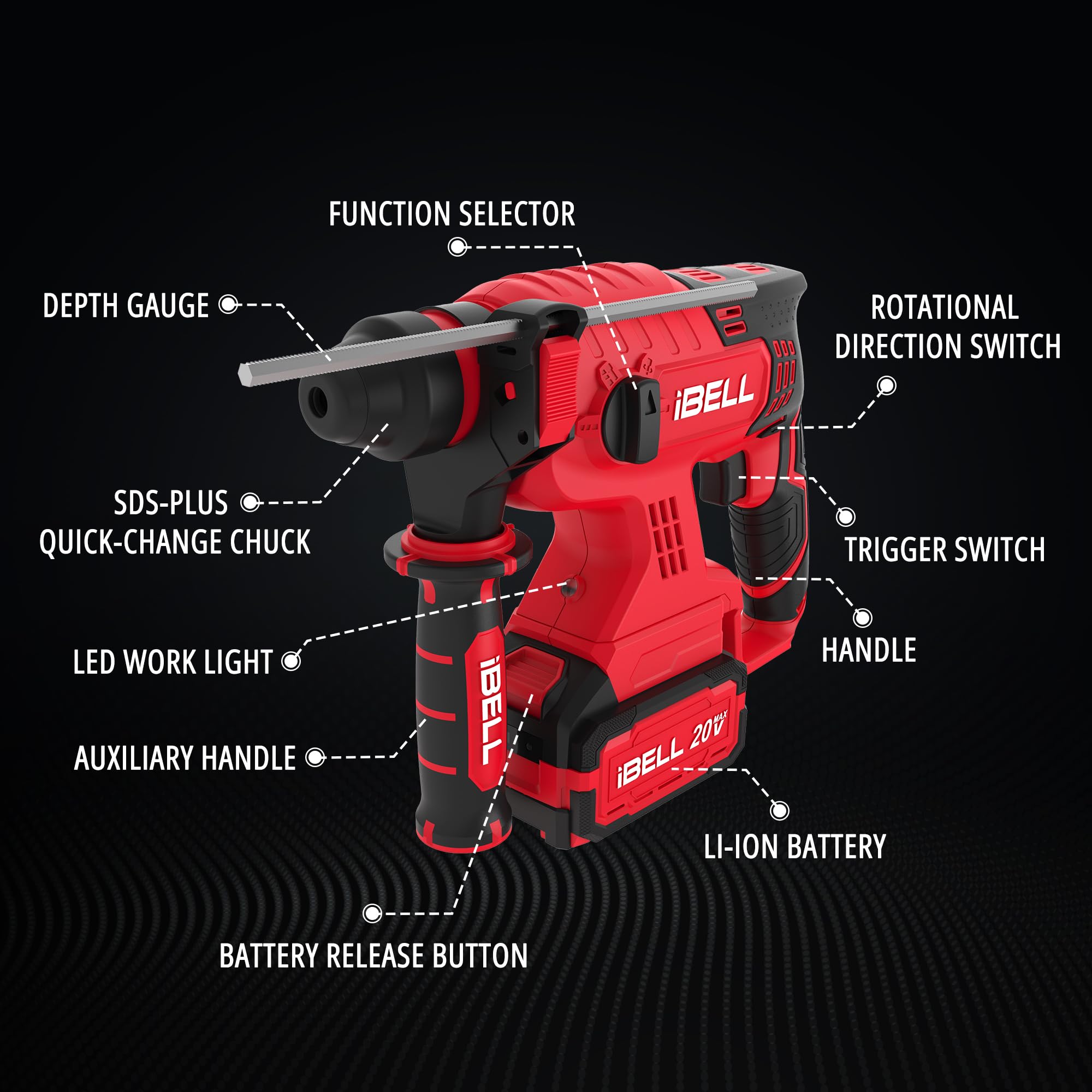IBELL BH22-47 Brushless Rotary Hammer Drill, 20V with SDS Plus chuck, 0β1400 RPM, 2.2J impact energy, 4 modes for concrete, masonry, wood & steel with 4Ah battery, charger, BMC box & 1-year warranty. 1