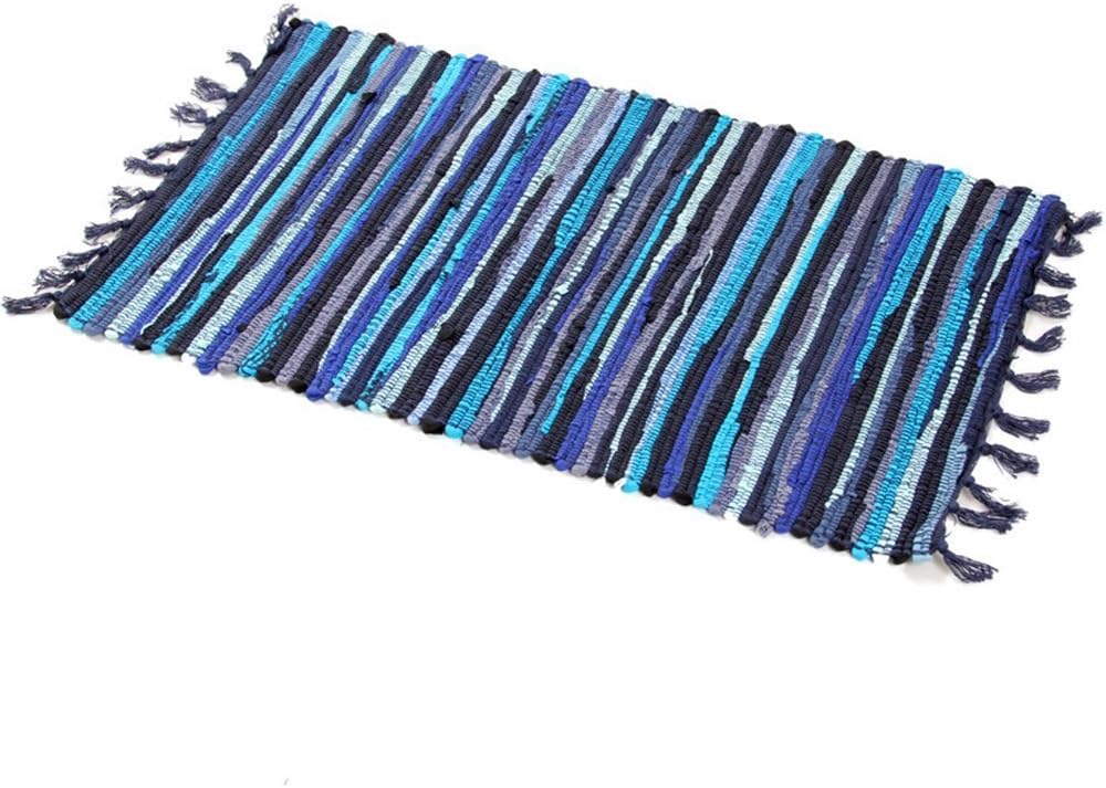 (60cm x 90cm , Blue) - Chindi Rag Rug, 60cm x 90cm Blue Machine Washable Cotton Reversible Rag Rug Hand Woven Multi Colour Striped Area Rug Floor Rugs for Bedroom, Living Room, Kitchen and Laundry ...