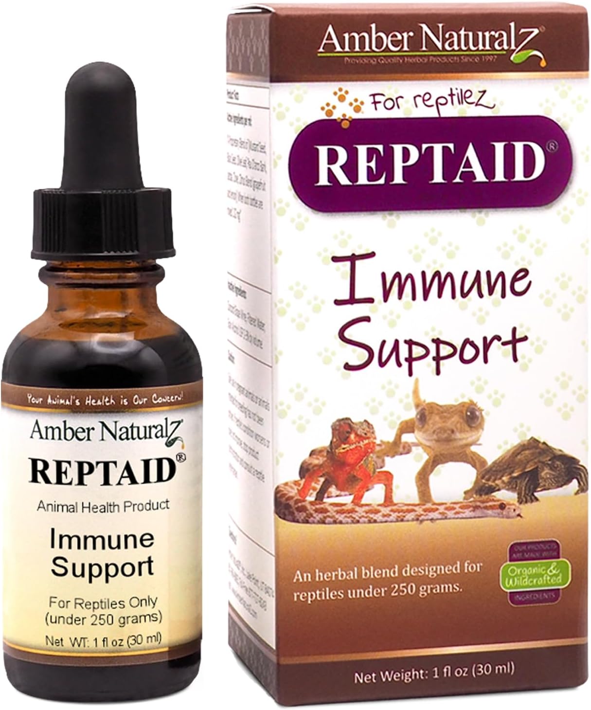 AMBER NATURALZ Reptaid Herbal Supplement for Small Reptiles | Herbal Pet Supplement for Immune Support | for Reptiles Under 250g | 1 Fluid Ounce Glass Bottle | Manufactured in The USA