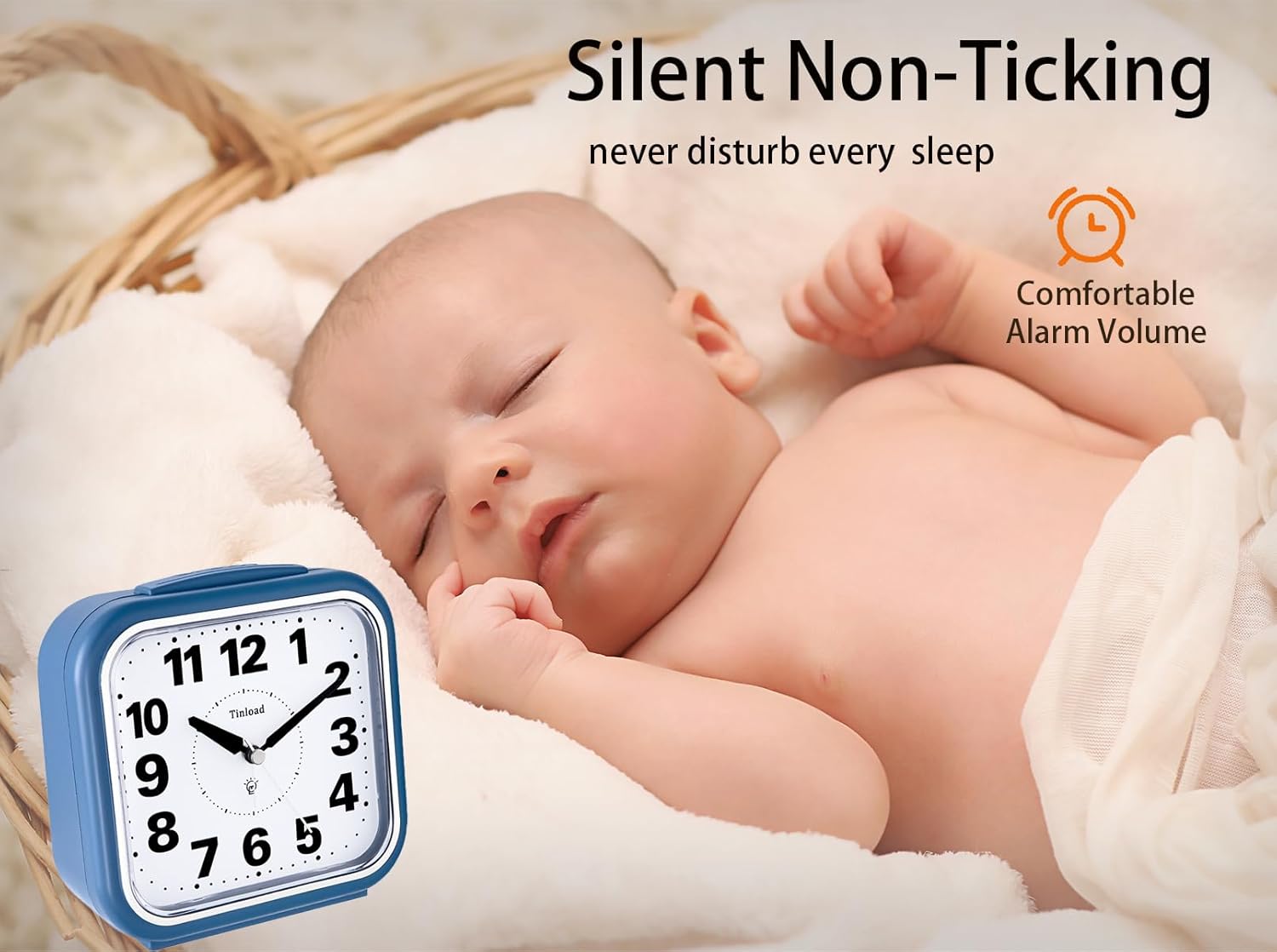 5.5 Large No Ticking Analog Alarm Clock,Silent Readable for Seniors,Easy to Set,Gradual Rise Alarm,Big Numbers,Gentle Wake,Snooze, Lighted on Demand,Battery Operated,Blue