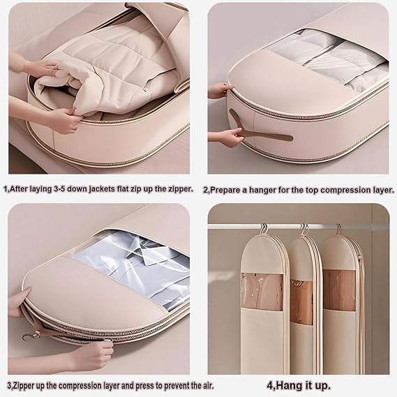 Space Saving Hanging Garment Bag with Self Compression Zipper,Space Saver Closet Organizers,Dust Cover Clothes Bags for Down Coat (Beige, 3Pcs (S+M+L))