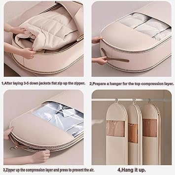 Space Saving Hanging Garment Bag with Self Compression Zipper,Space Saver Closet Organizers,Dust Cover Clothes Bags for Down Coat (Beige, 3Pcs (S+M+L))