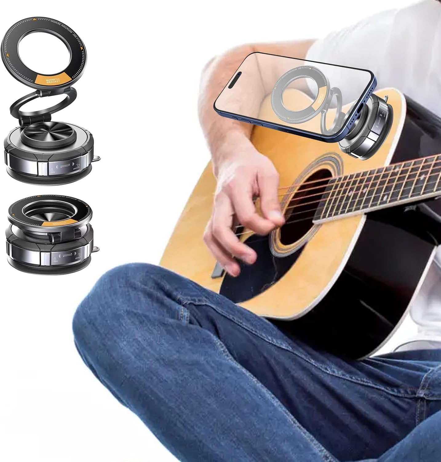 Magnetic Guitar Phone Holder–Hands-Free Guitar Phone Mount with Vacuum Suction–Stable Phone Holder for Guitar Playing– Perfect for Watching Tutorials & Tabs While Playing–Universal Fit, Easy Setup