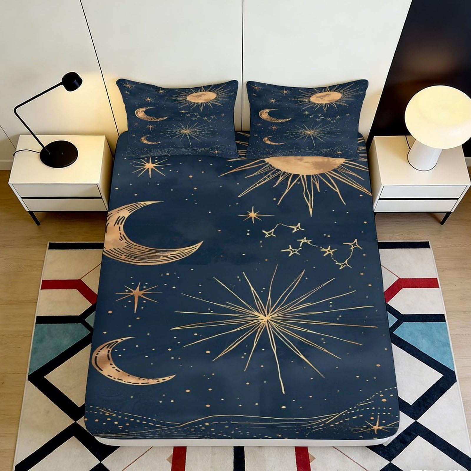 3D Printed Celestial Moon Stars Fitted Sheet Microfiber Soft Breathable Cosmic Constellation Mattress Cover for Bedroom Dormitory Guest Room Bed Protection 140x200x25cm